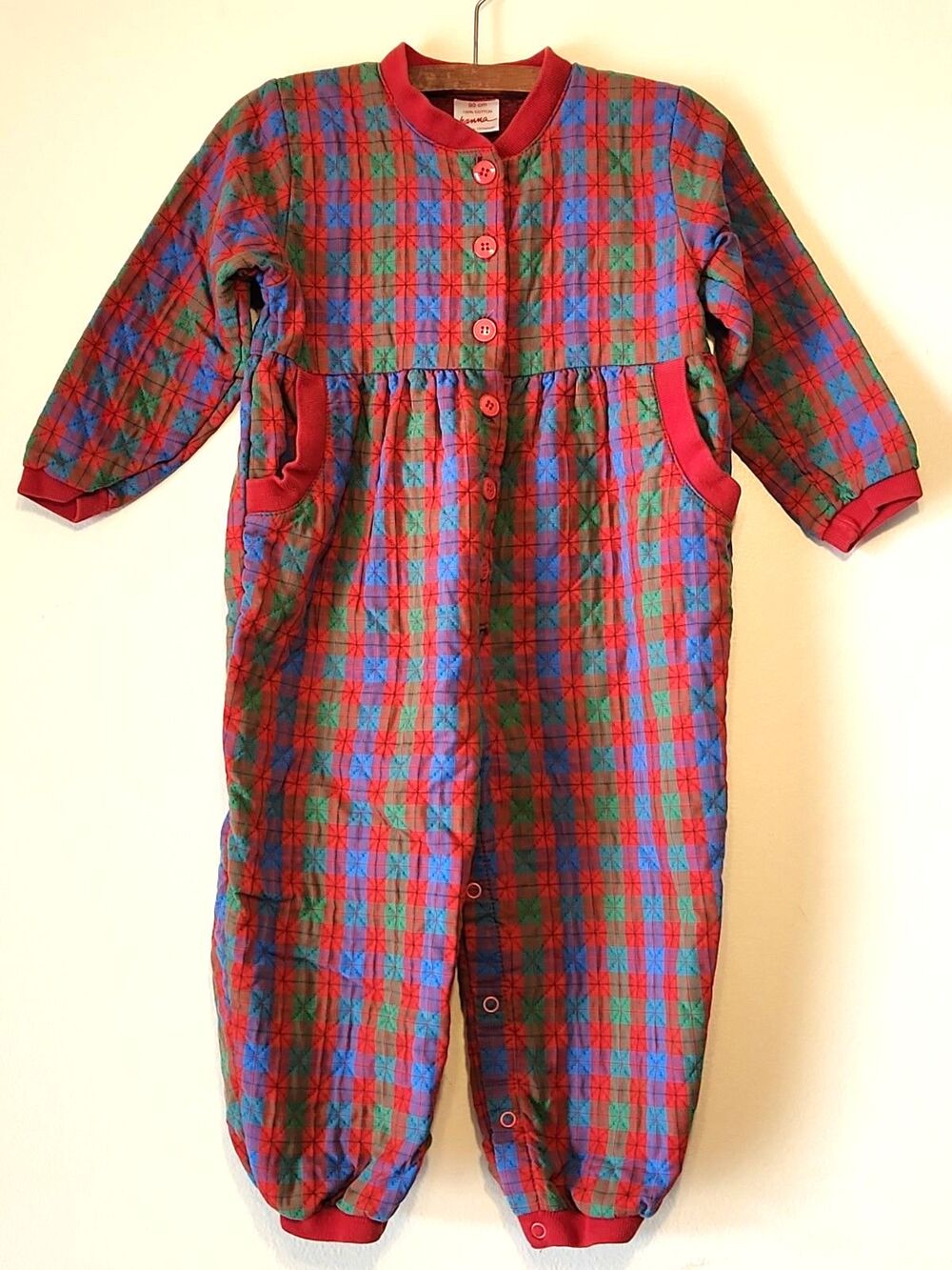 VTG Hanna Andersson Plaid Quilted Romper Jumpsuit 90cm 3T 1990s Red Blue Green